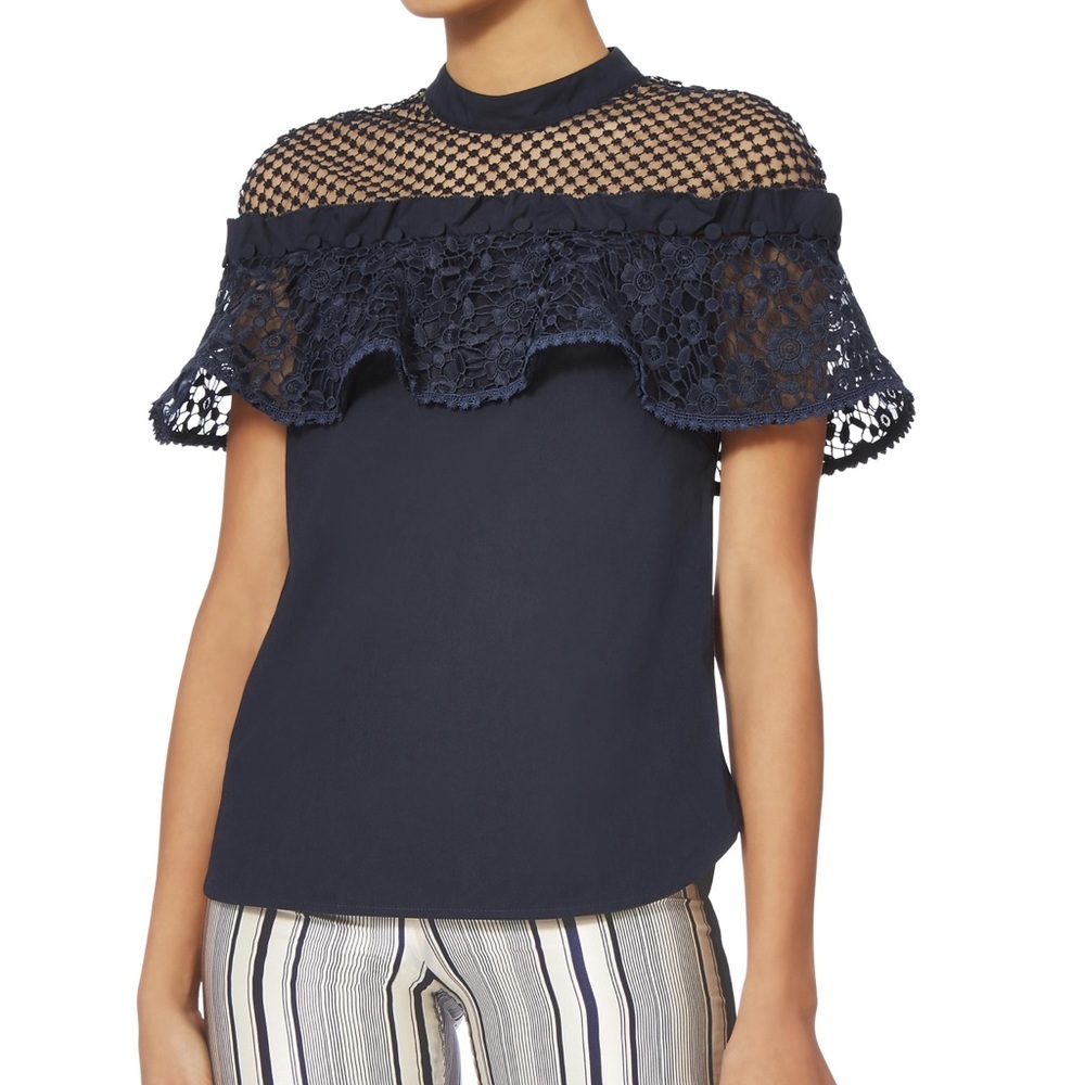 Self Portrait Navy Hudson Poplin Lace Top